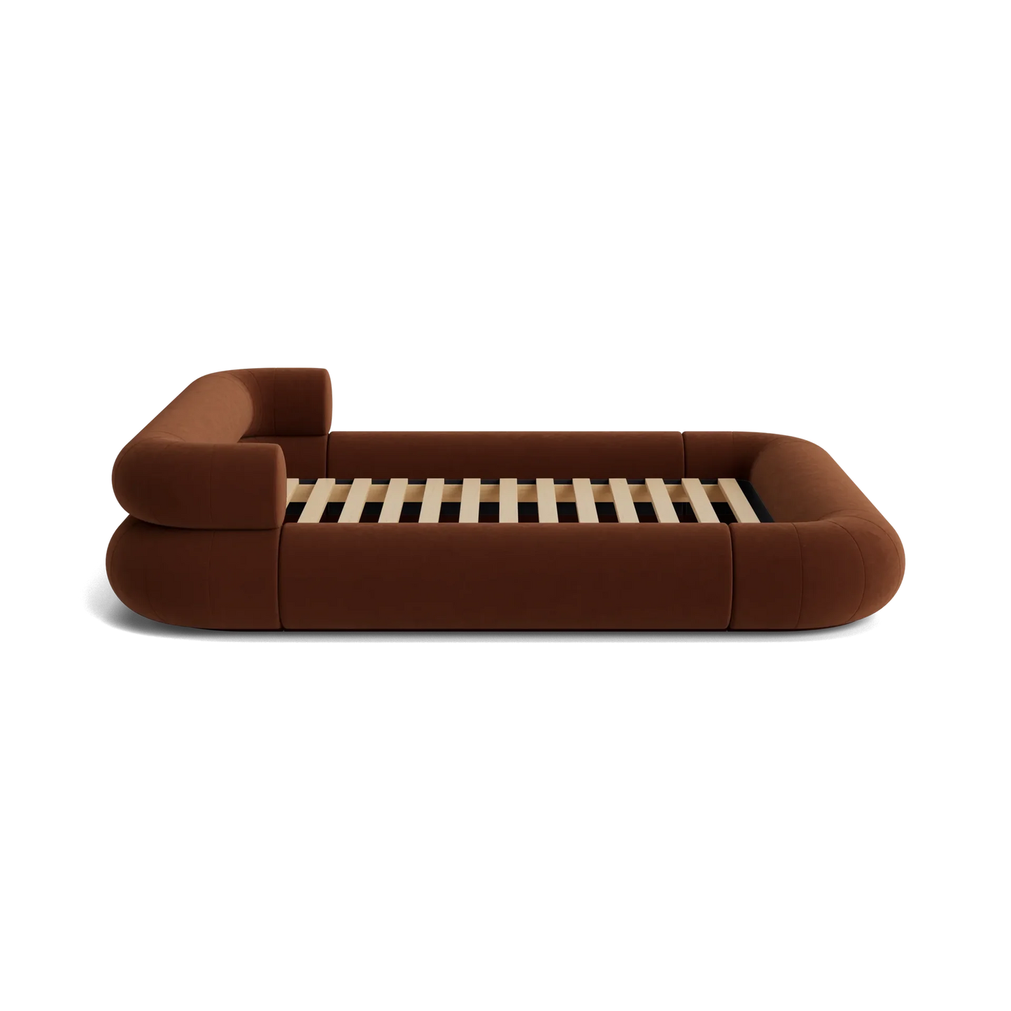 VELAR Sculptural Bed Frame in chocolate brown, side profile showing upholstered surround and timber slat base