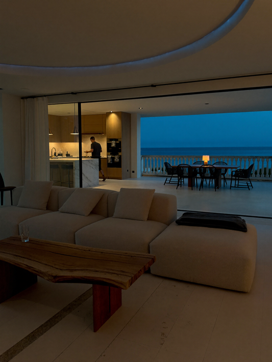 Coastal penthouse furnished for wind, salt air, sunlight and indoor-outdoor living
