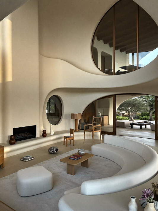 Luxury apartment sofa sized against circulation, view and room volume