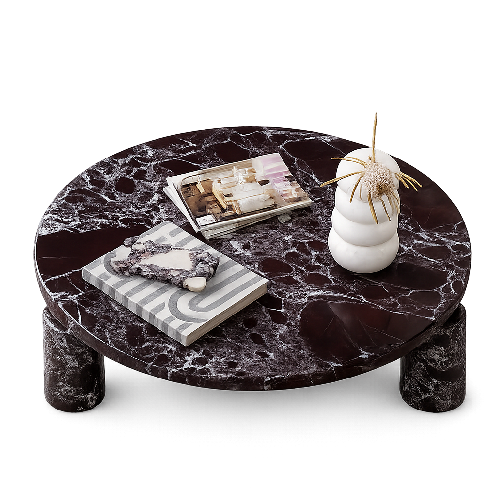 Marble coffee table used to compare natural and engineered stone furniture