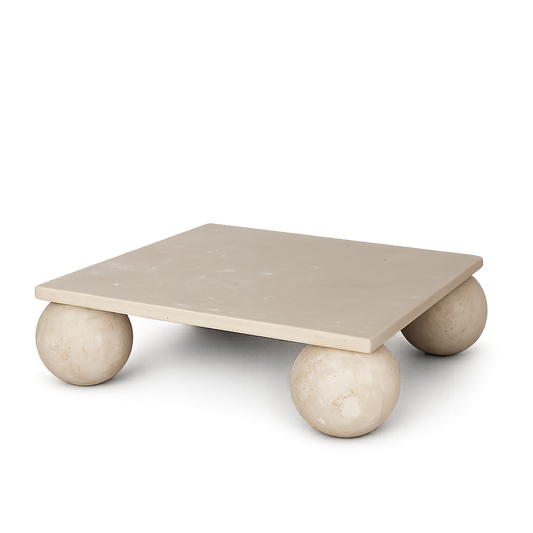 Travertine coffee table showing natural stone colour, texture and edge profile