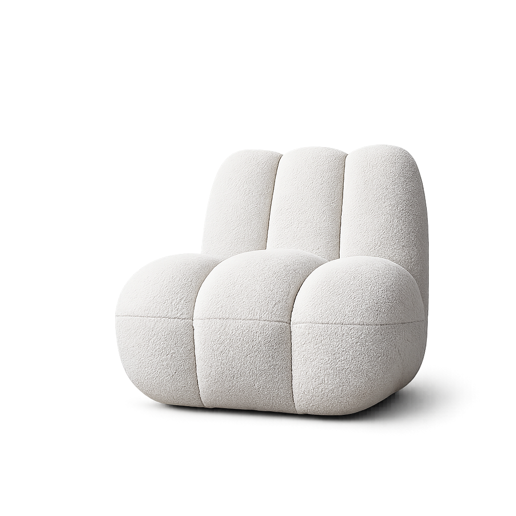 Bouclé lounge chair illustrating texture and upholstery specification