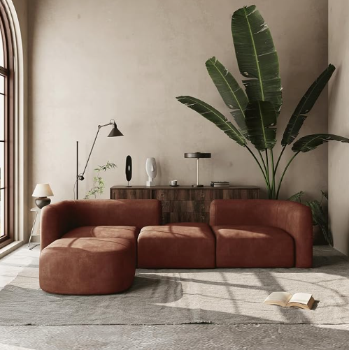 DORSA Mollis modular sofa in tangerine velvet with rounded chaise