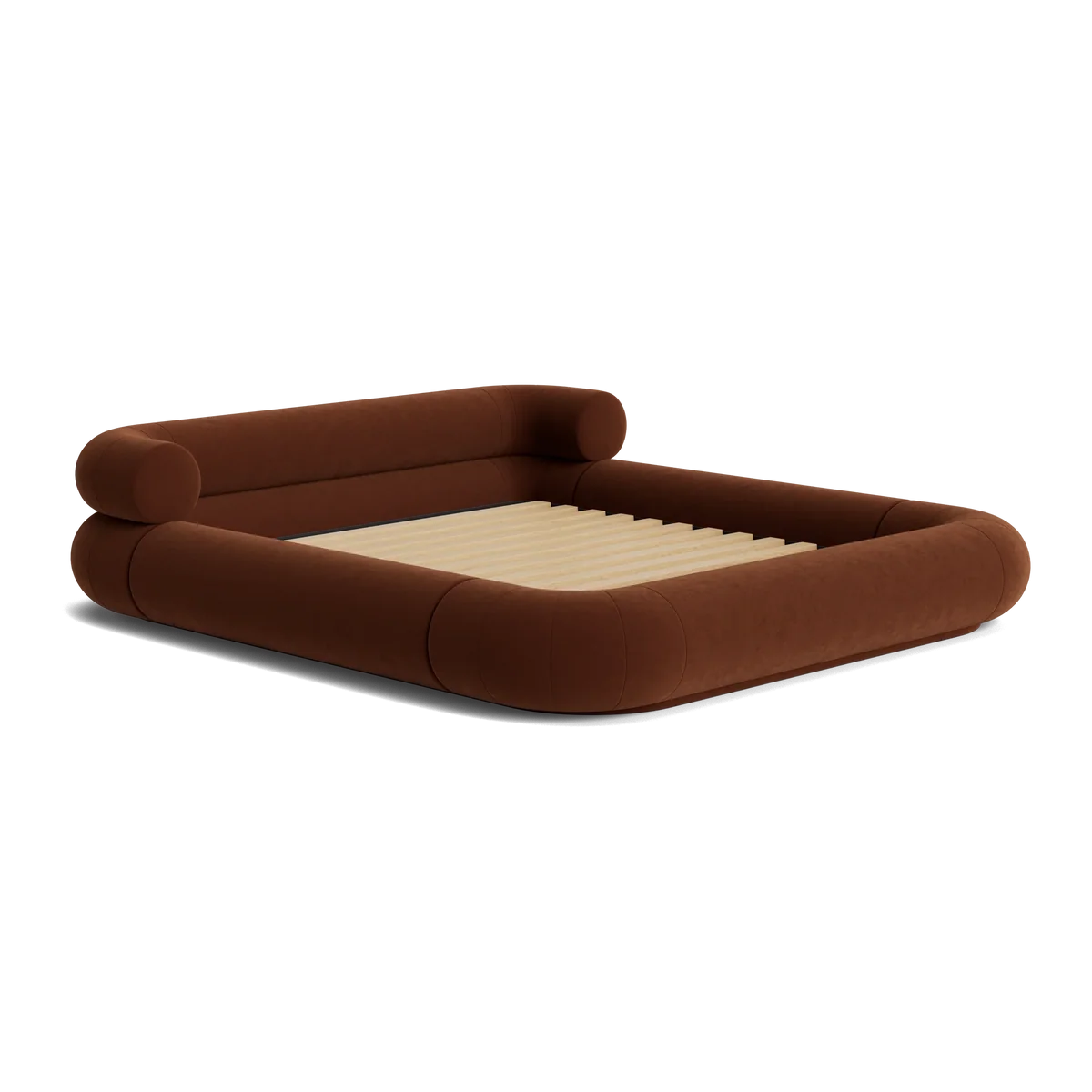 VELAR Sculptural Bed Frame in chocolate brown, three-quarter view showing soft rounded upholstered edges
