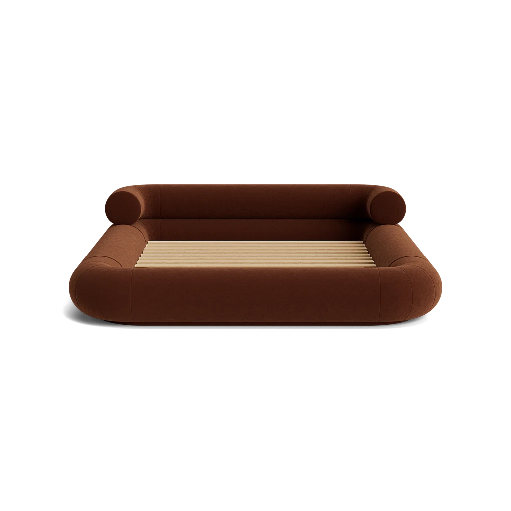 VELAR Sculptural Bed Frame in chocolate brown, front view with rounded upholstered frame and timber slats