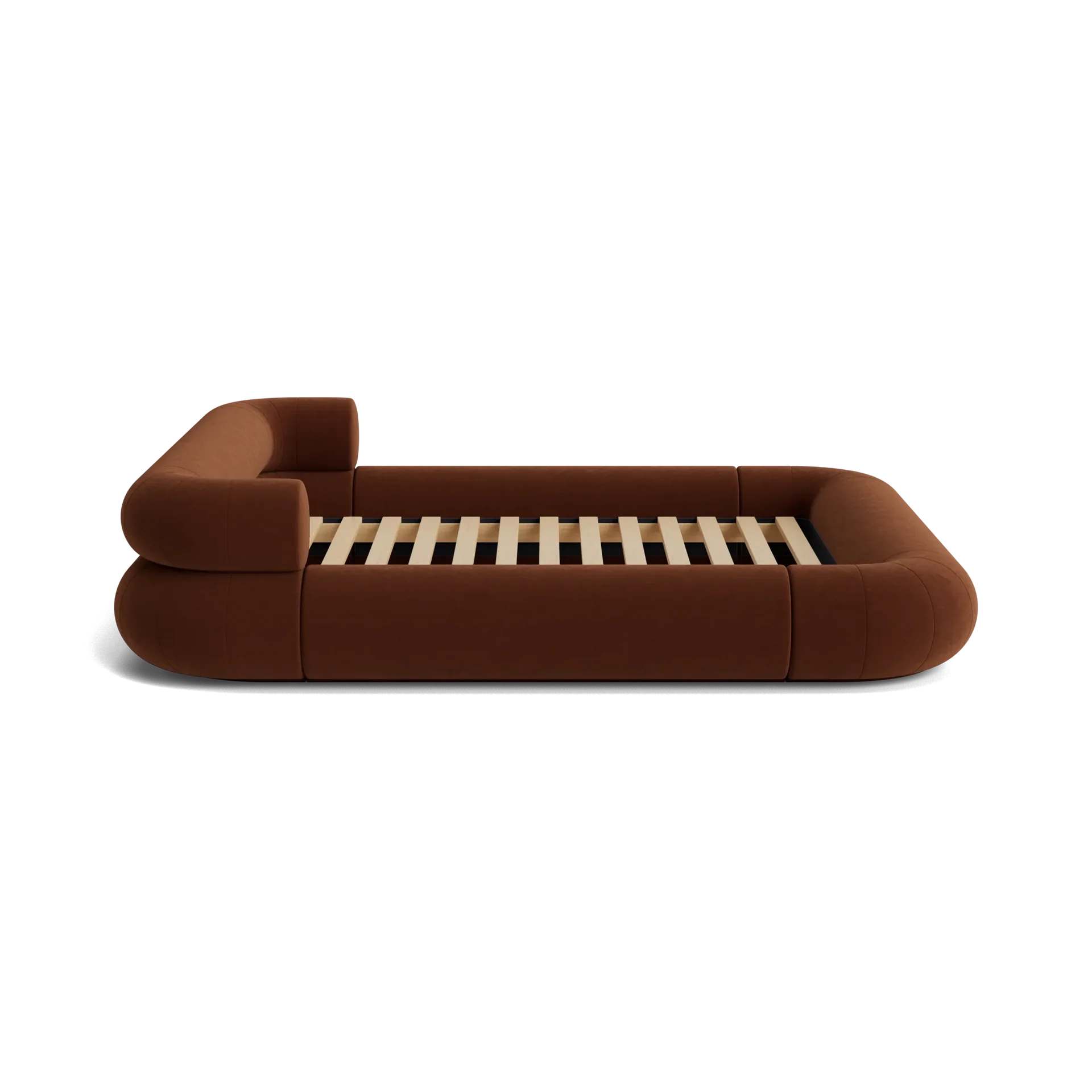 VELAR Sculptural Bed Frame in chocolate brown, side profile showing upholstered surround and timber slat base