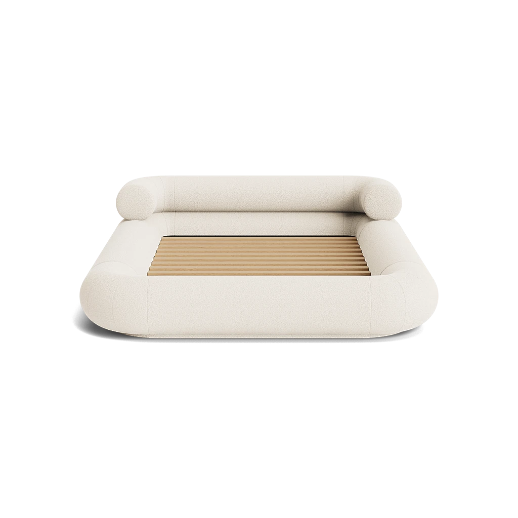 VELAR Sculptural Bed Frame in off white, front view with sculptural rounded upholstered frame and timber slats