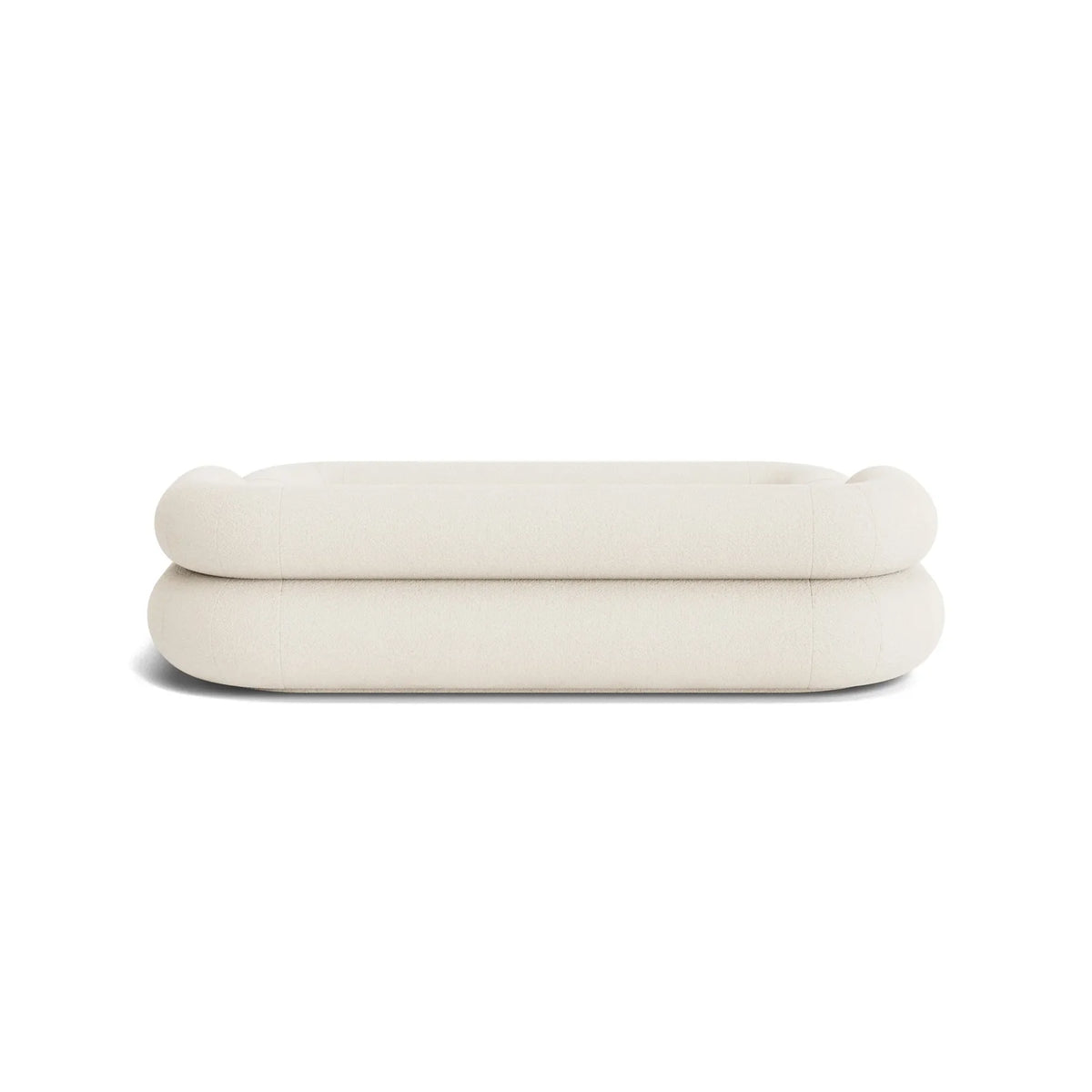 VELAR Sculptural Bed Frame in off white, rear view highlighting the continuous rounded upholstered silhouette
