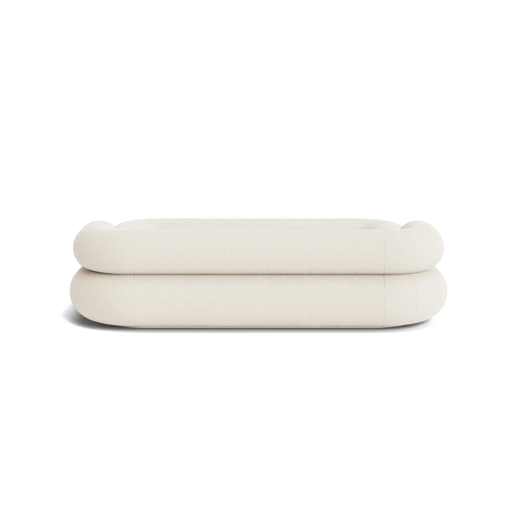 VELAR Sculptural Bed Frame in off white, rear view highlighting the continuous rounded upholstered silhouette